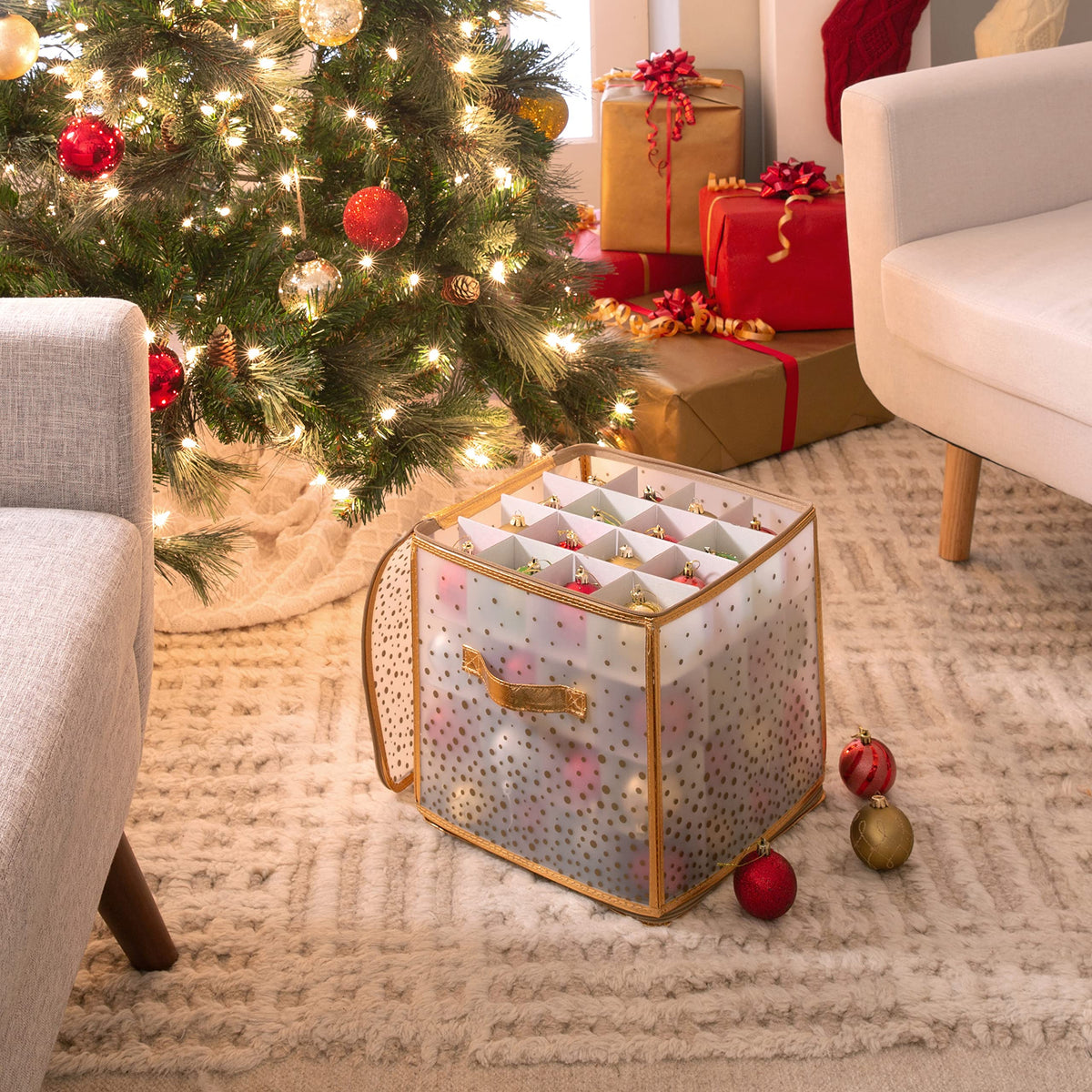 Simplify 64 Count Ornament Storage Box | Plastic | Decorative Organizer | Storage Bin | Gold | L12