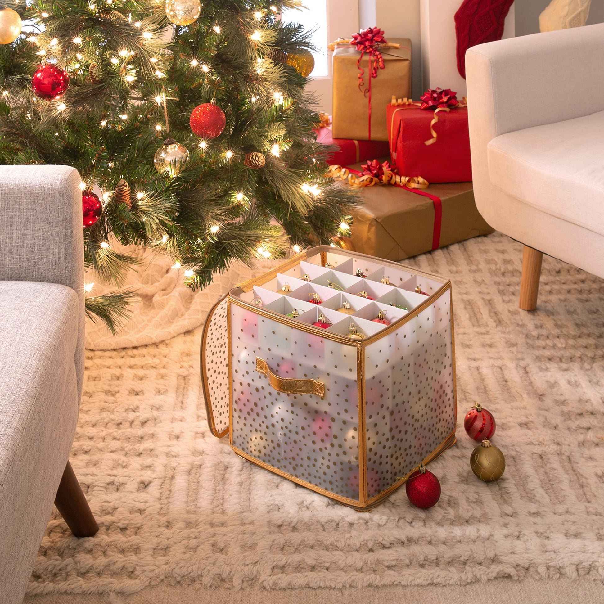 Simplify 64 Count Ornament Storage Box | Plastic | Decorative Organizer | Storage Bin | Gold | L12