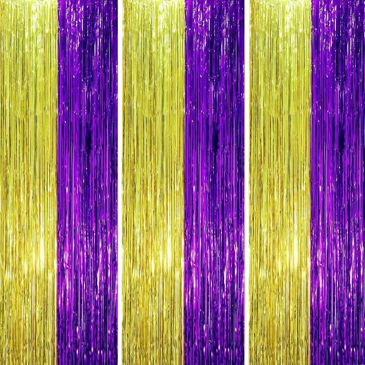 3 Pack 3.3 x 8.2 ft Purple and Gold Foil Fringe Backdrop Curtains, Tinsel Streamers Party