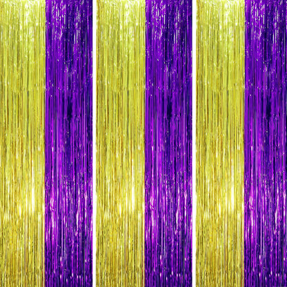 3 Pack 3.3 x 8.2 ft Purple and Gold Foil Fringe Backdrop Curtains, Tinsel Streamers Party