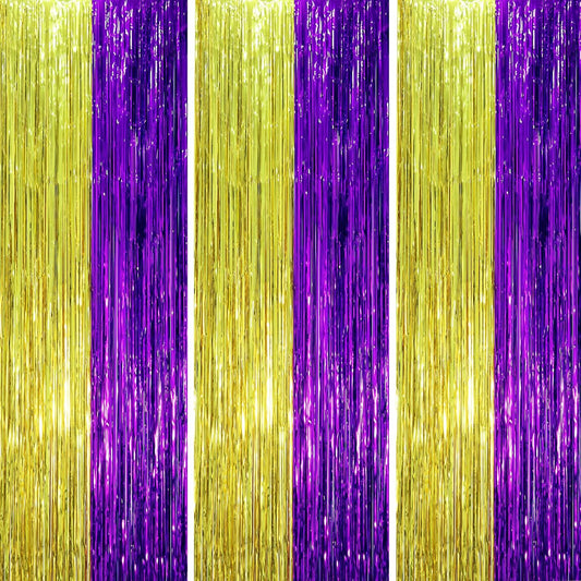 3 Pack 3.3 x 8.2 ft Purple and Gold Foil Fringe Backdrop Curtains, Tinsel Streamers Party