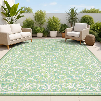 JONATHAN Y Vintage Filigree Indoor Outdoor Area Rug 9X12 Green/Ivory, Charleston Textured Weave for