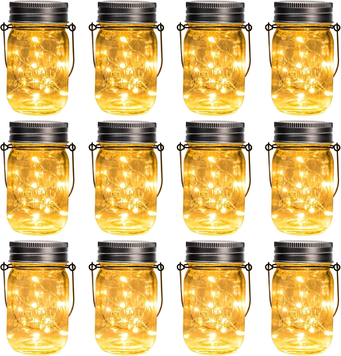 GIGALUMI Solar Mason Jar Lights, 12 Pack 30 Led String Fairy Lights Garden Lights Outdoor