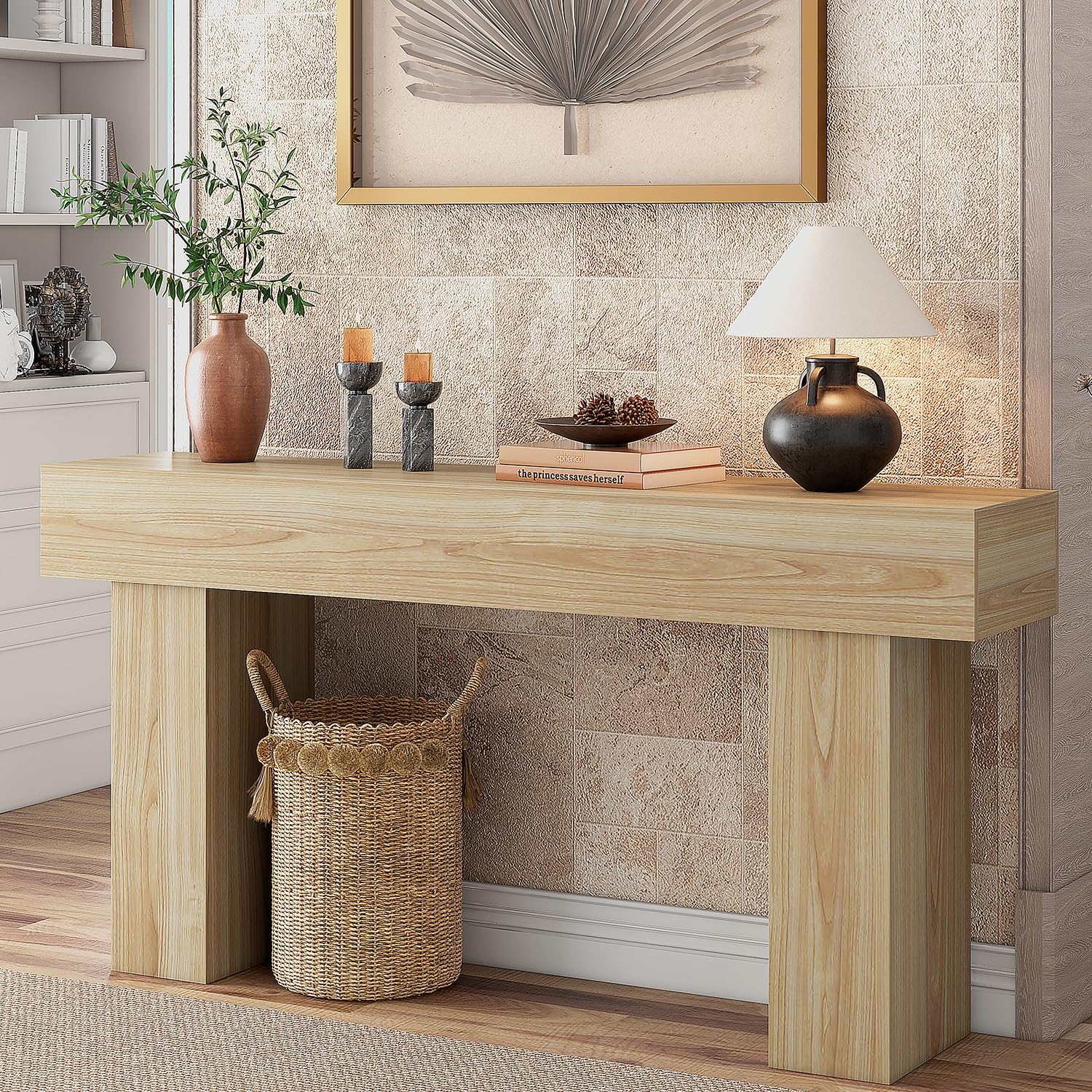 63 Inch Long Console Table for Entryway, Farmhouse Wood Rectangular Sofa Table Behind Couch Table