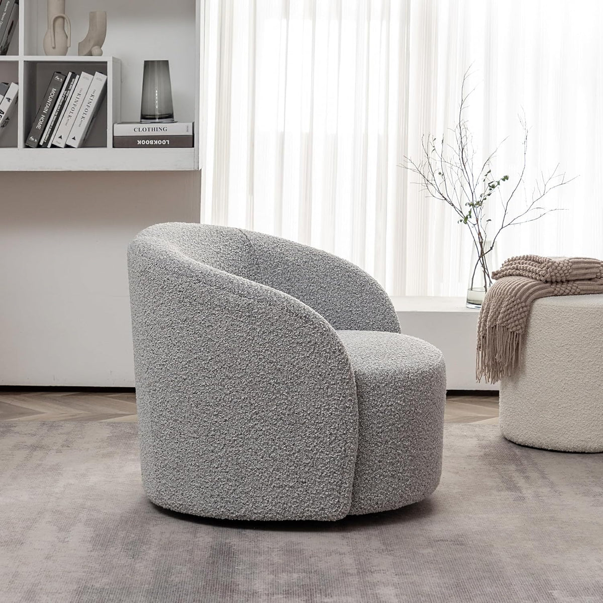 KINWELL 34" W Mid Century Modern Swivel Barrel Chair, Round Upholstered Boucle Swivel Accent