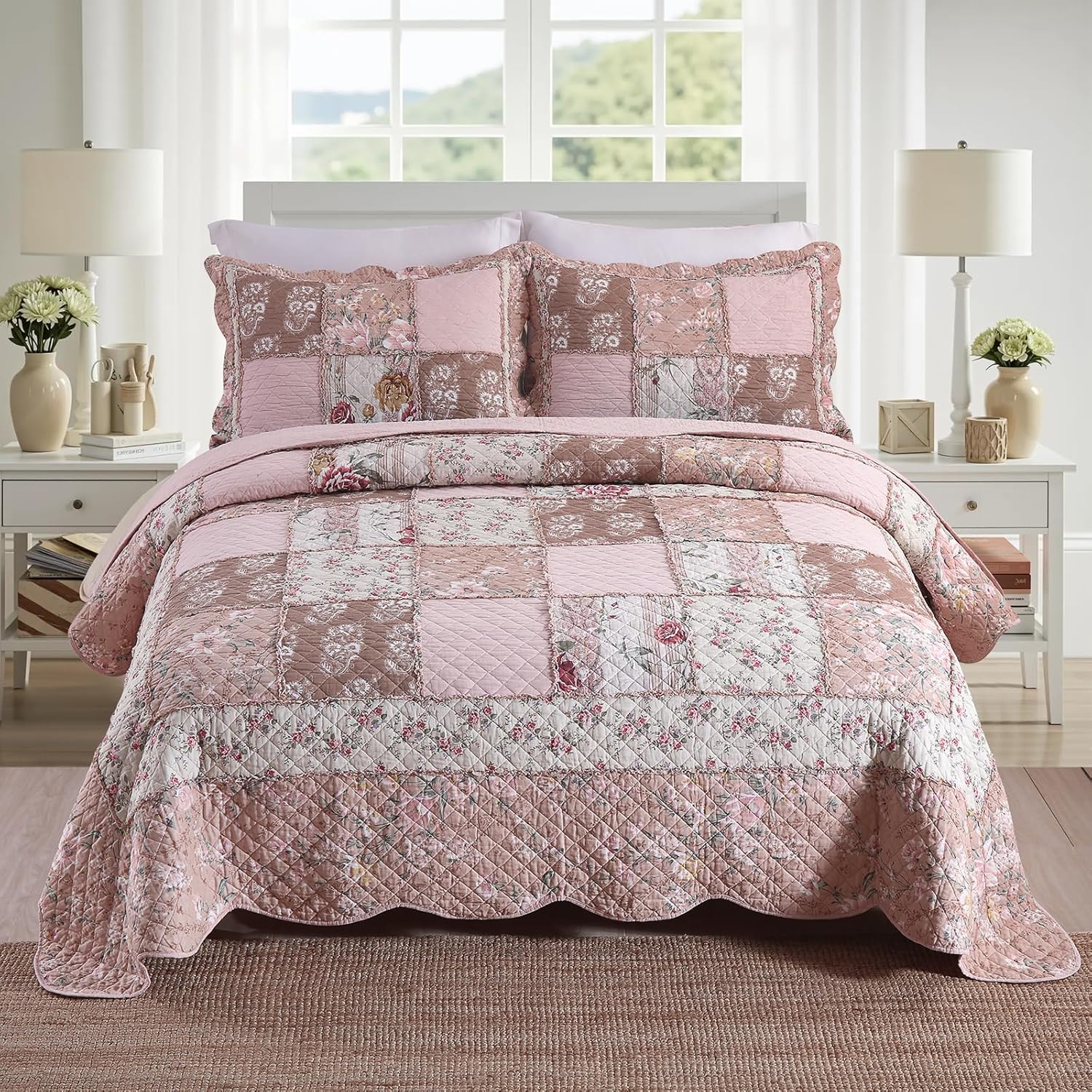NEWLAKE Quilt Set Queen Size, Cotton Patchwork Pink Floral Quilt Sets, Real Stitched Embroidery