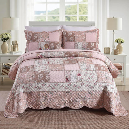 NEWLAKE Quilt Set King Size, Cotton Patchwork Pink Floral Quilt Sets, Real Stitched Embroidery