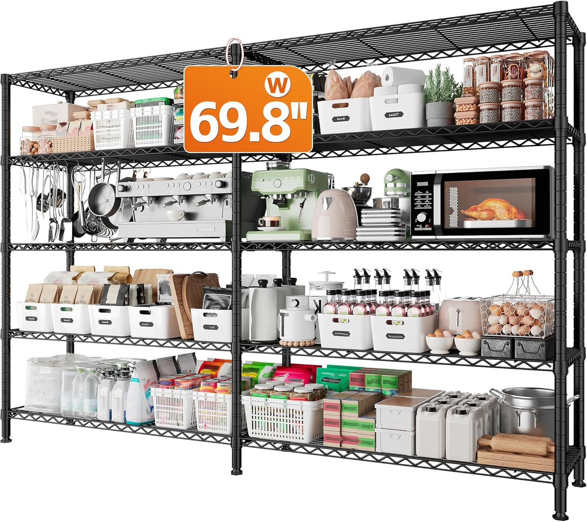 REIBII 1600LBS Storage Shelves Metal Shelving 5 Tier Wire Shelving Unit, 69.8" W Pantry Shelves