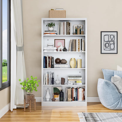 66" Tall Metal Bookcase, 5 Shelf White Bookcase with Adjustable Shelves, Large Bookshelves and