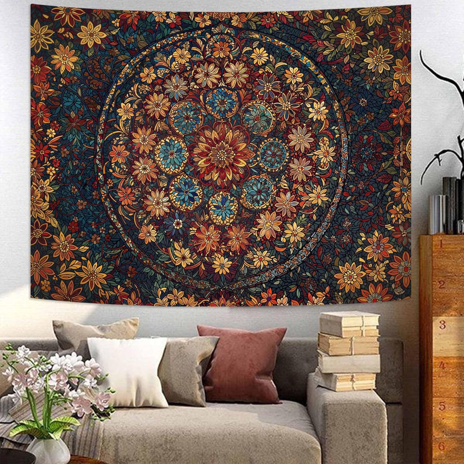 Fowocu Boho Floral Mandala Tapestry Wall Hanging Vintage Bohemian Flower Medallion Tapestry