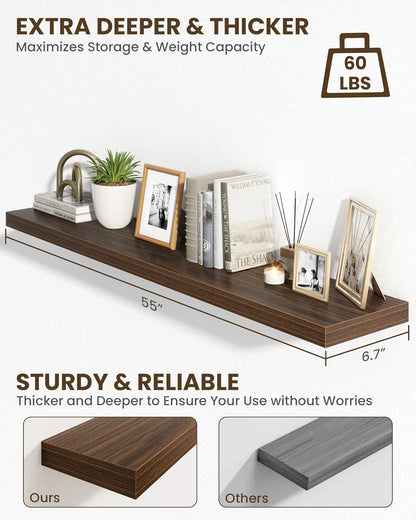 Marsmiles 55" Floating Shelves for Wall, Wooden Shelves with Invisible Brackets Set of 2, Rustic