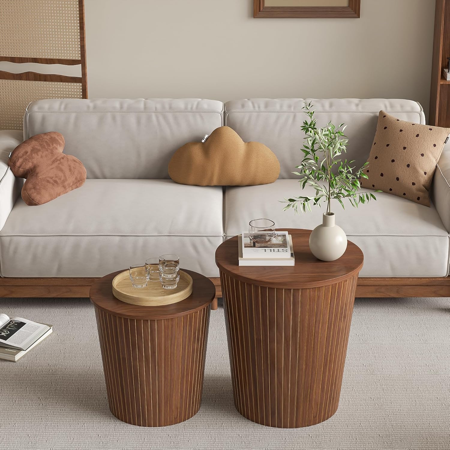 Nesting Coffee Table Set of 2, Round End Table with Storage, Farmhouse Side Table with Removable
