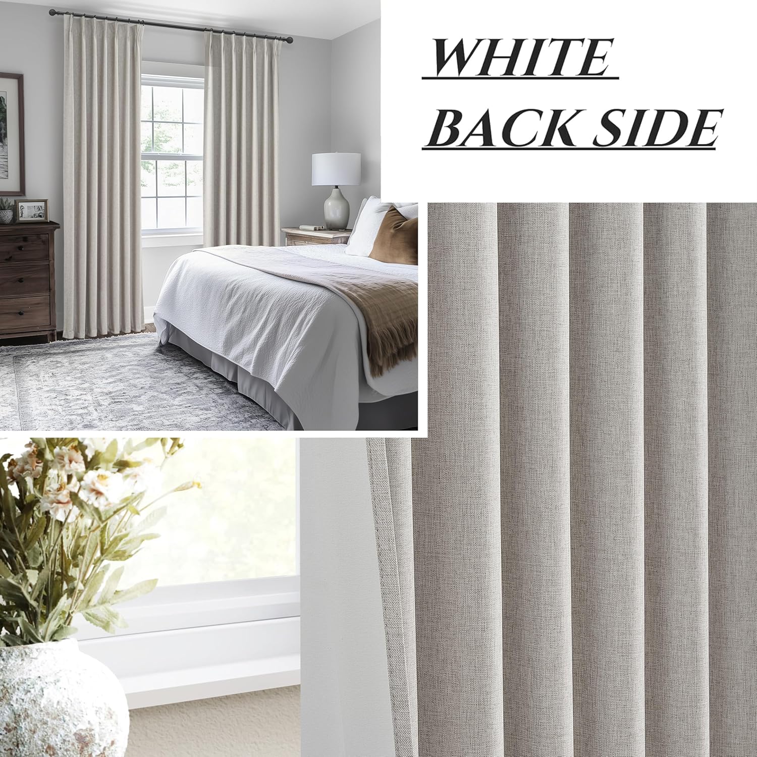 Natural Melange Pleat Room Darkening Curtains 84 Inch Length 2 Panels Set for Living Room, Linen