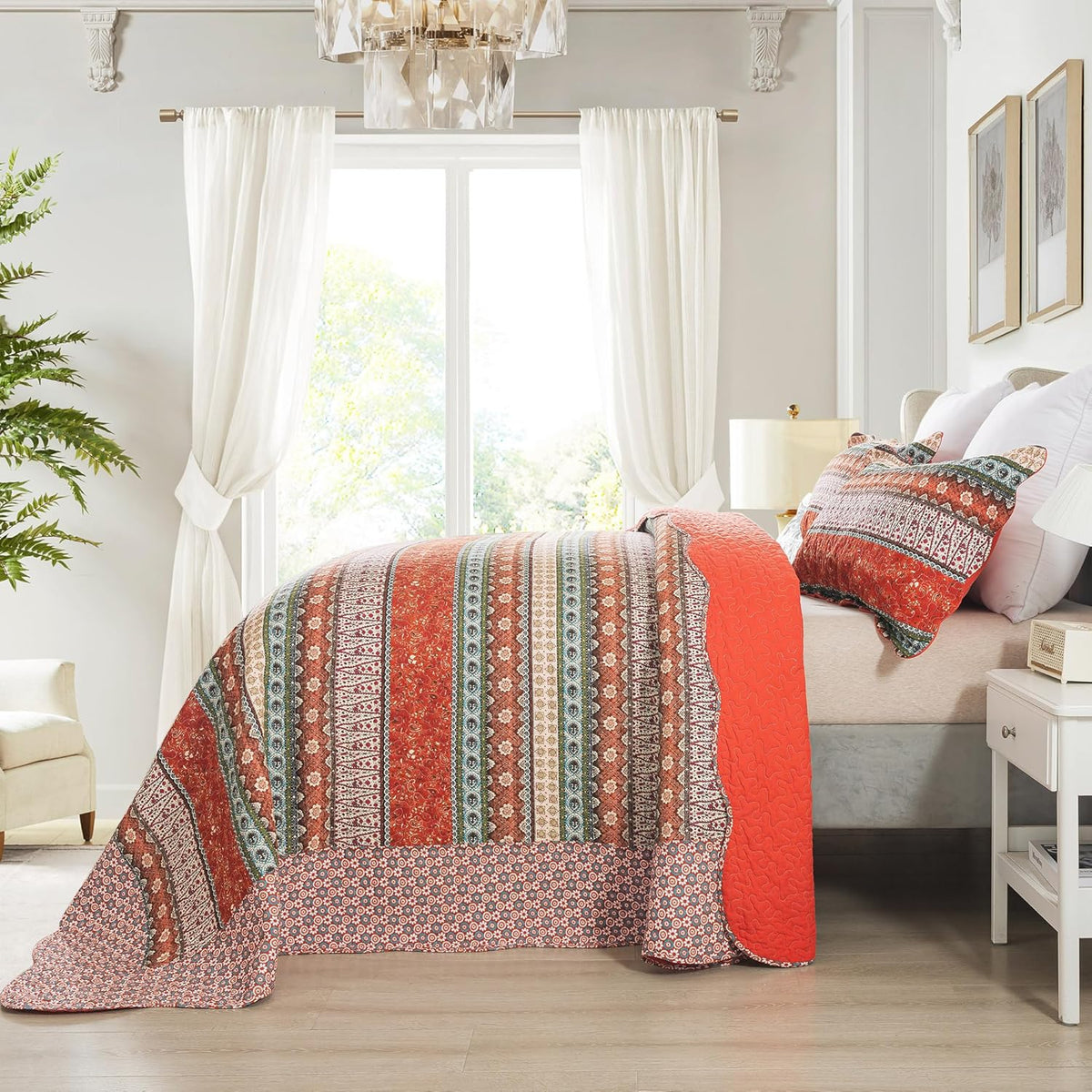 NEWLAKE Cotton Bedspread Quilt Sets - Reversible Patchwork Coverlet Set, Red Striped Jacquard