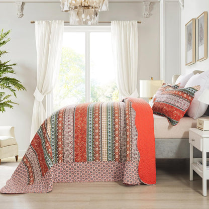 NEWLAKE Cotton Bedspread Quilt Sets - Reversible Patchwork Coverlet Set, Red Striped Jacquard