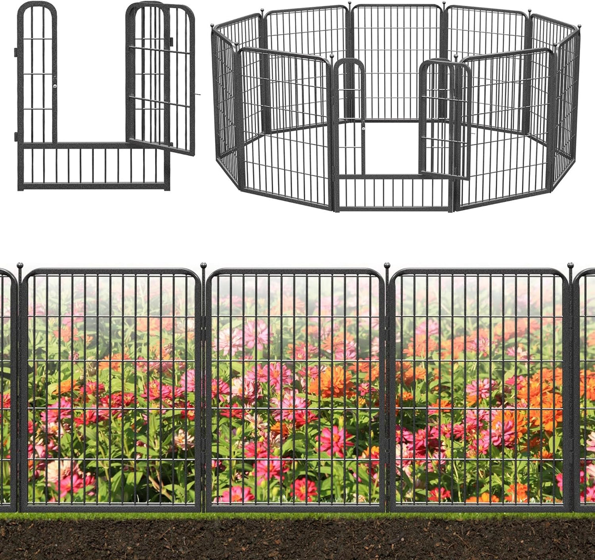 Decorative Black Metal Fencing Garden Fence with Gate, 23ft(L) 32in(H) 10 Fence Panels No Dig Fence