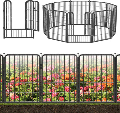 Decorative Black Metal Fencing Garden Fence with Gate, 23ft(L) 32in(H) 10 Fence Panels No Dig Fence