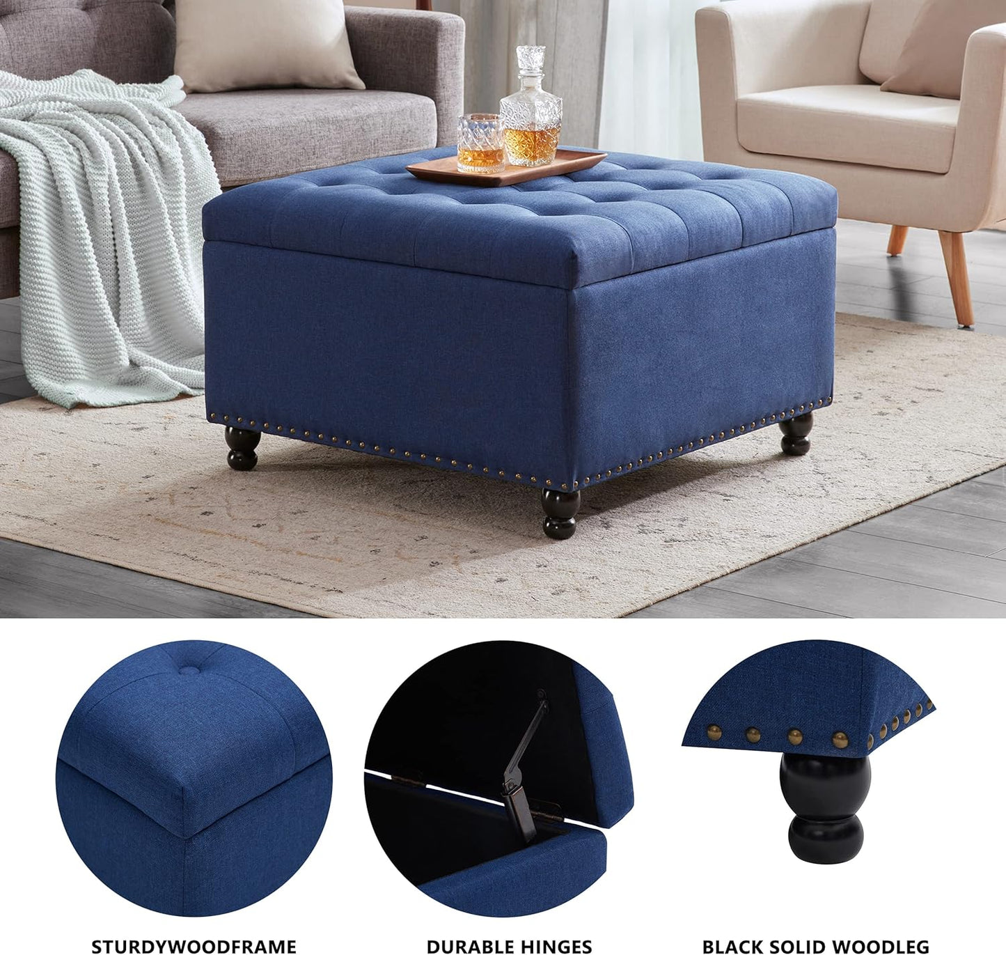 Tbfit Large Square Tufted Upholstered Ottoman and Coffee Table with Storage, Oversized Footrest