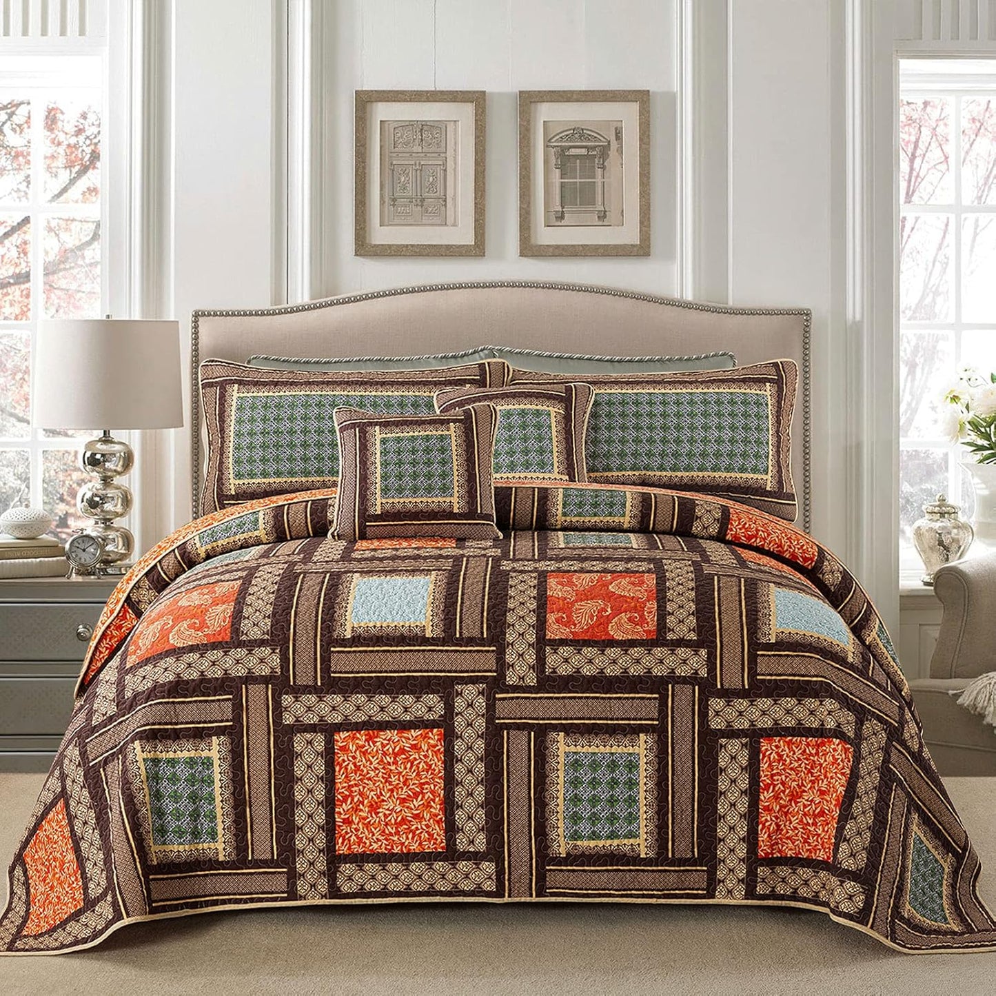 NEWLAKE Cotton Patchwork Bedspread, 3-Piece Bedding Quilt Set with Real Stitched Embroidery