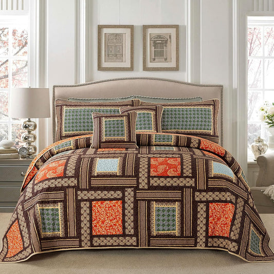 NEWLAKE Cotton Patchwork Bedspread, 3-Piece Bedding Quilt Set with Real Stitched Embroidery