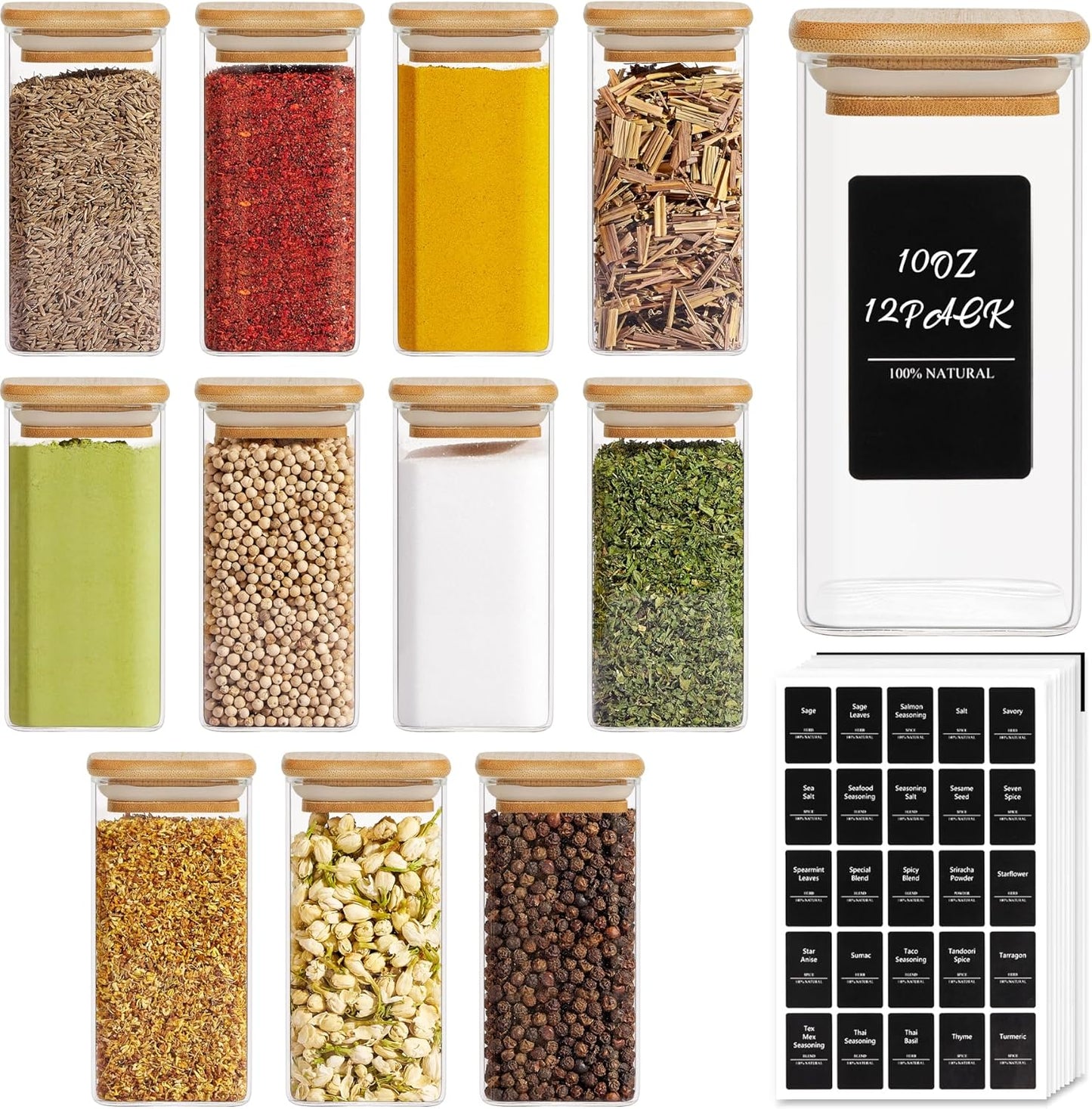 ComSaf 12Pcs Glass Spice Jars with Bamboo Lid, 10oz Airtight Square Containers with 275 Black