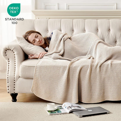 Joydeco Chunky Cable Knit Throw Blanket, Lightweight 100% Organic Cotton Soft Cozy Throw Twin