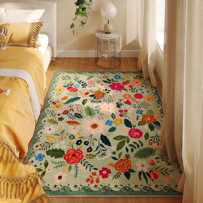 Area Rug 4x6 Rug Washable Boho Rugs Non Slip Low Pile Floral Small Carpet for Bedroom, Bedside