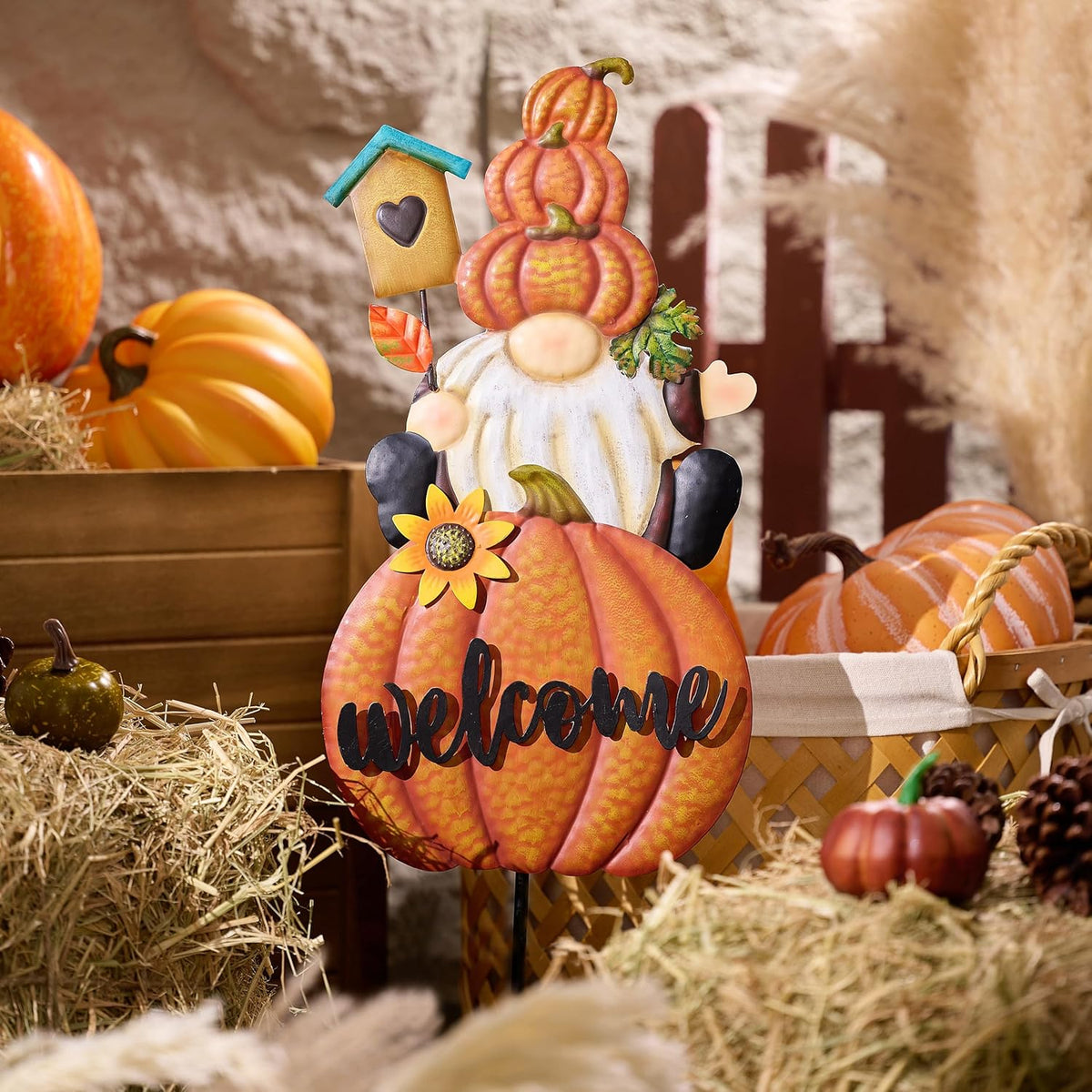 TERESA'S COLLECTIONS Fall Gnome Pumpkin Decorations for Outdoor Home, Metal Fall Decor Welcome