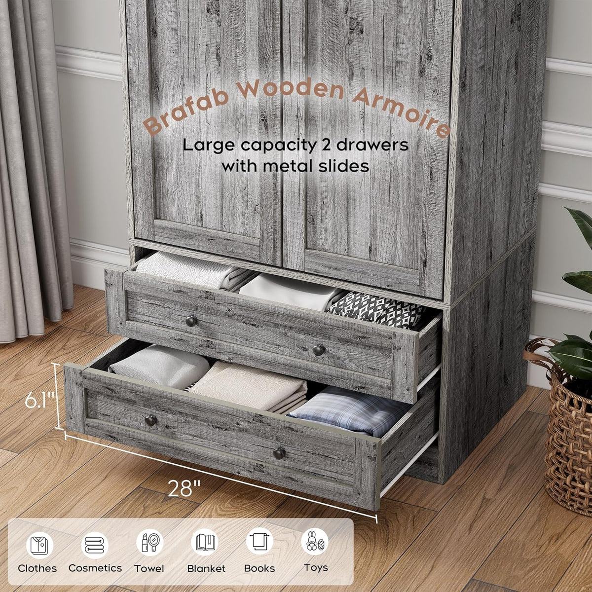 Brafab Armoire Wardrobe Closet with 2 Modern Doors, 71" Tall Freestanding Closet Wardrobe Cabinet