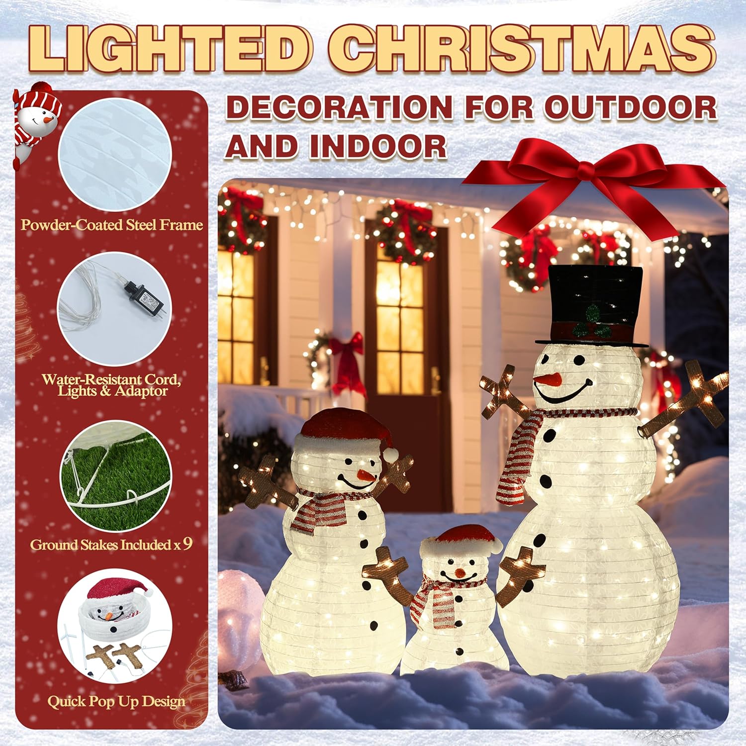 4FT Pop-Up Snowman Family, Pre-Lit Holiday Decoration Sign with 270 LED Lights, Customized