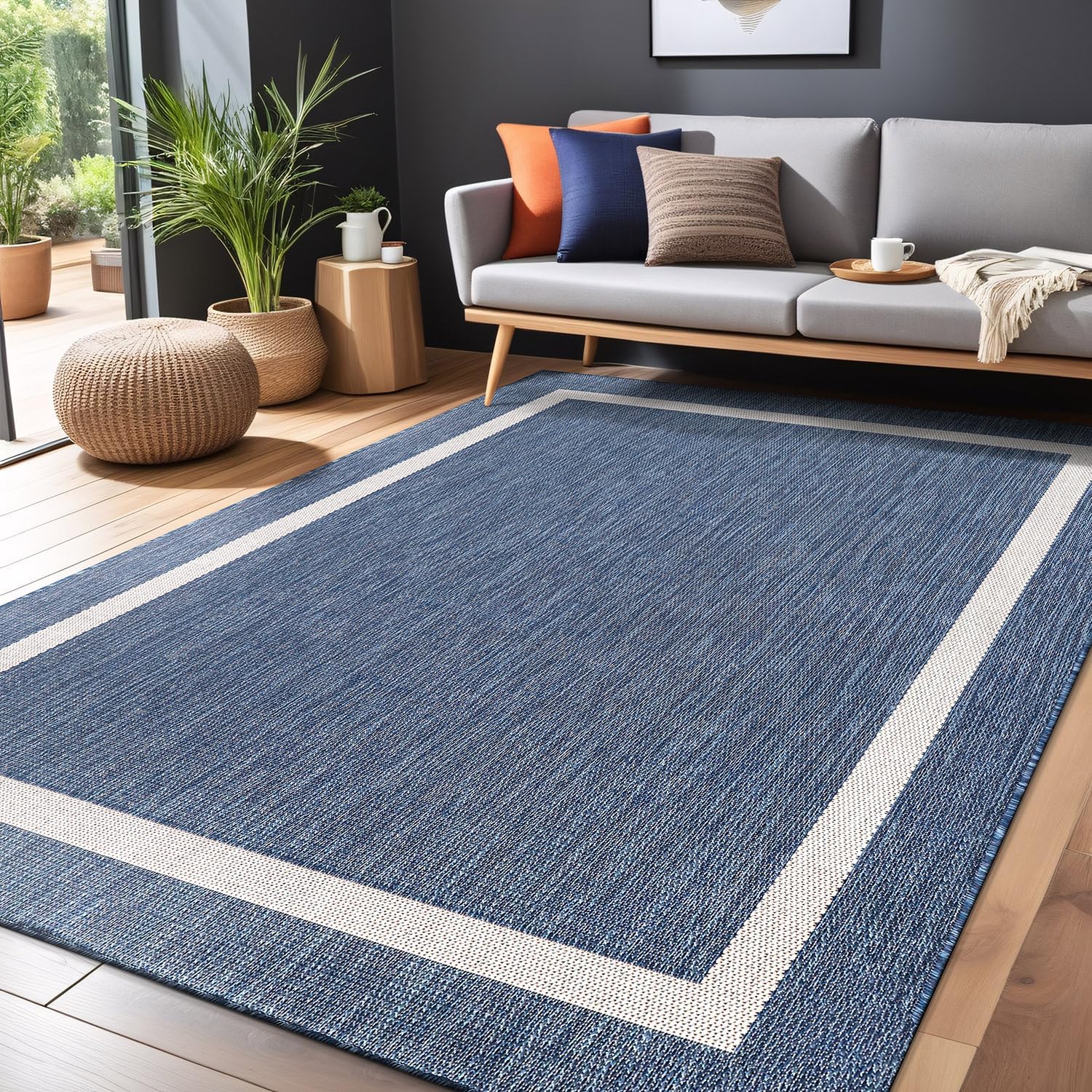 Bordered Outdoor Rug 9x12 Washable Outside Carpet for Indoor Patio Porch Waterproof Easy Cleaning