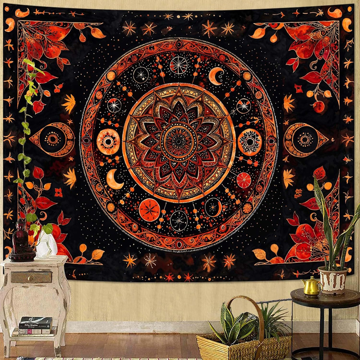 Lunerfex Mandala Moon and Stars Tapestry Boho Tapestry for Bedroom Black and Orange Tapestries Wall
