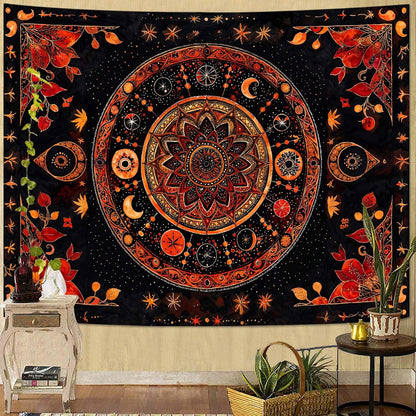 Lunerfex Mandala Moon and Stars Tapestry Boho Tapestry for Bedroom Black and Orange Tapestries Wall
