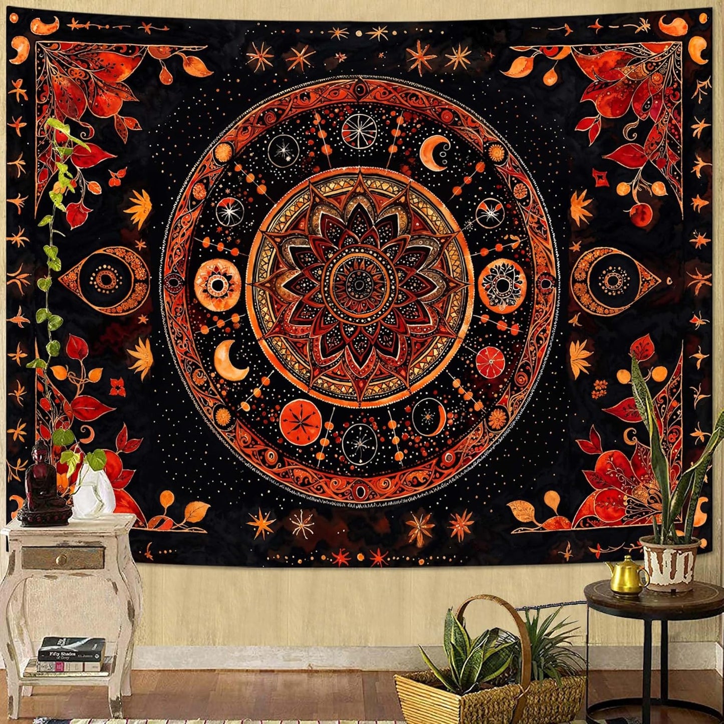Lunerfex Mandala Moon and Stars Tapestry Boho Tapestry for Bedroom Black and Orange Tapestries Wall