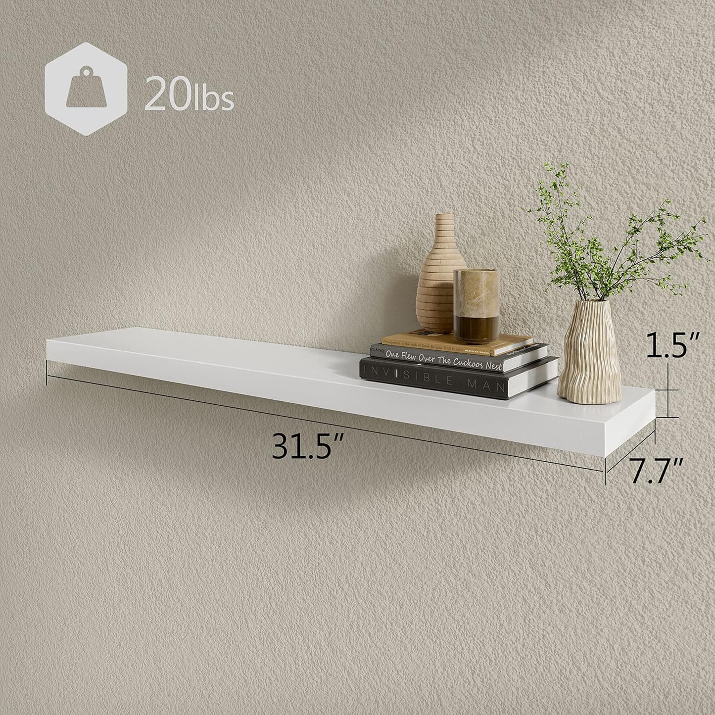 BAMEOS Floating Shelves,31 in W White Wall Mounted Wooden Shelves with Invisible Brackets Set of 2