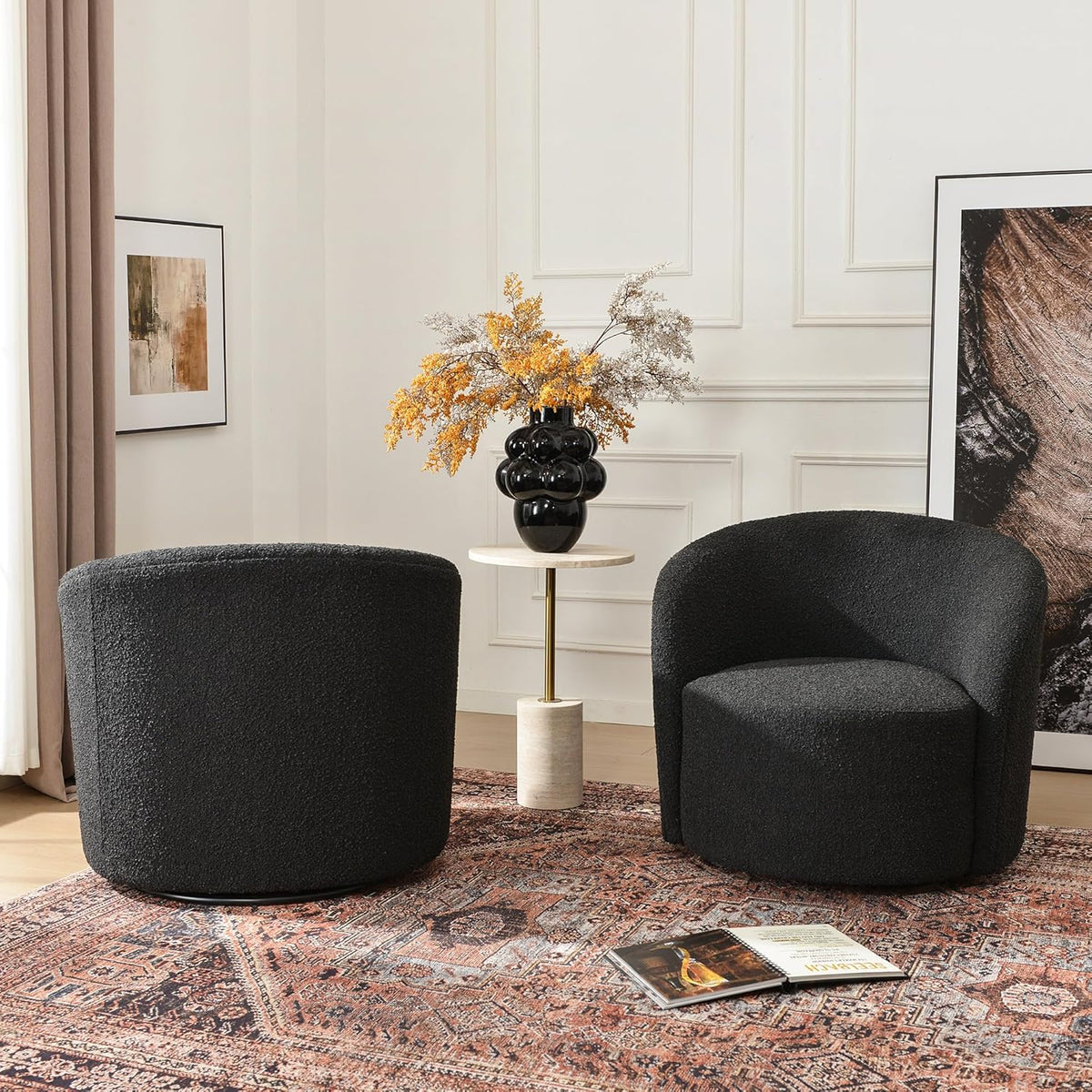 KINWELL 34" W Swivel Barrel Chair Set of 2, Mid Century Modern Round Upholstered Boucle Swivel