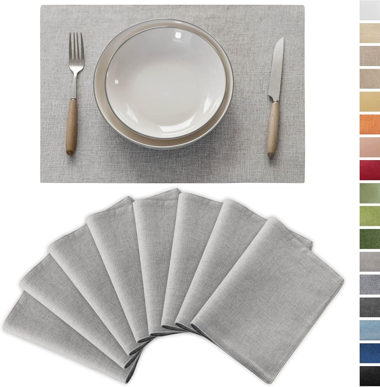 Demetex Placemats Set of 8 Grey Washable Fabric Place Mats Heat Resistant Linen Placemat for Indoor