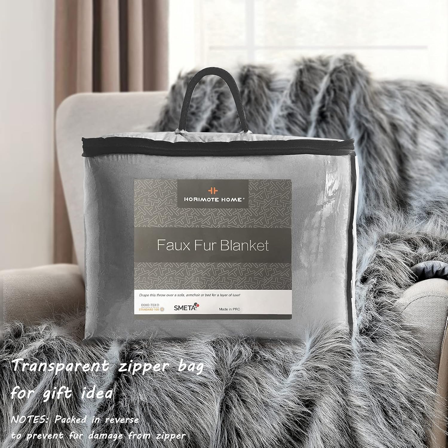 Luxury Faux Fur Throw Blanket, Grey and Black High Pile Mixed Throw Blanket, Super Warm, Fuzzy