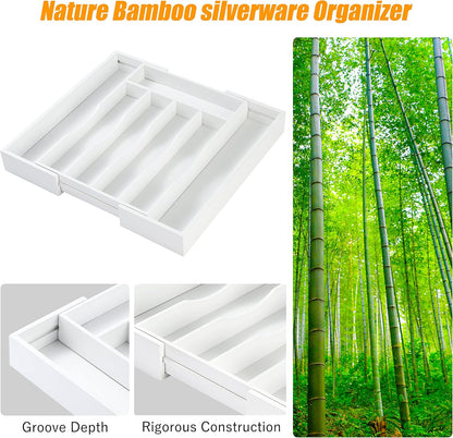 Bellsal White Silverware Organizer Kitchen Drawer Organizer Expandable Bamboo Utensil Holder