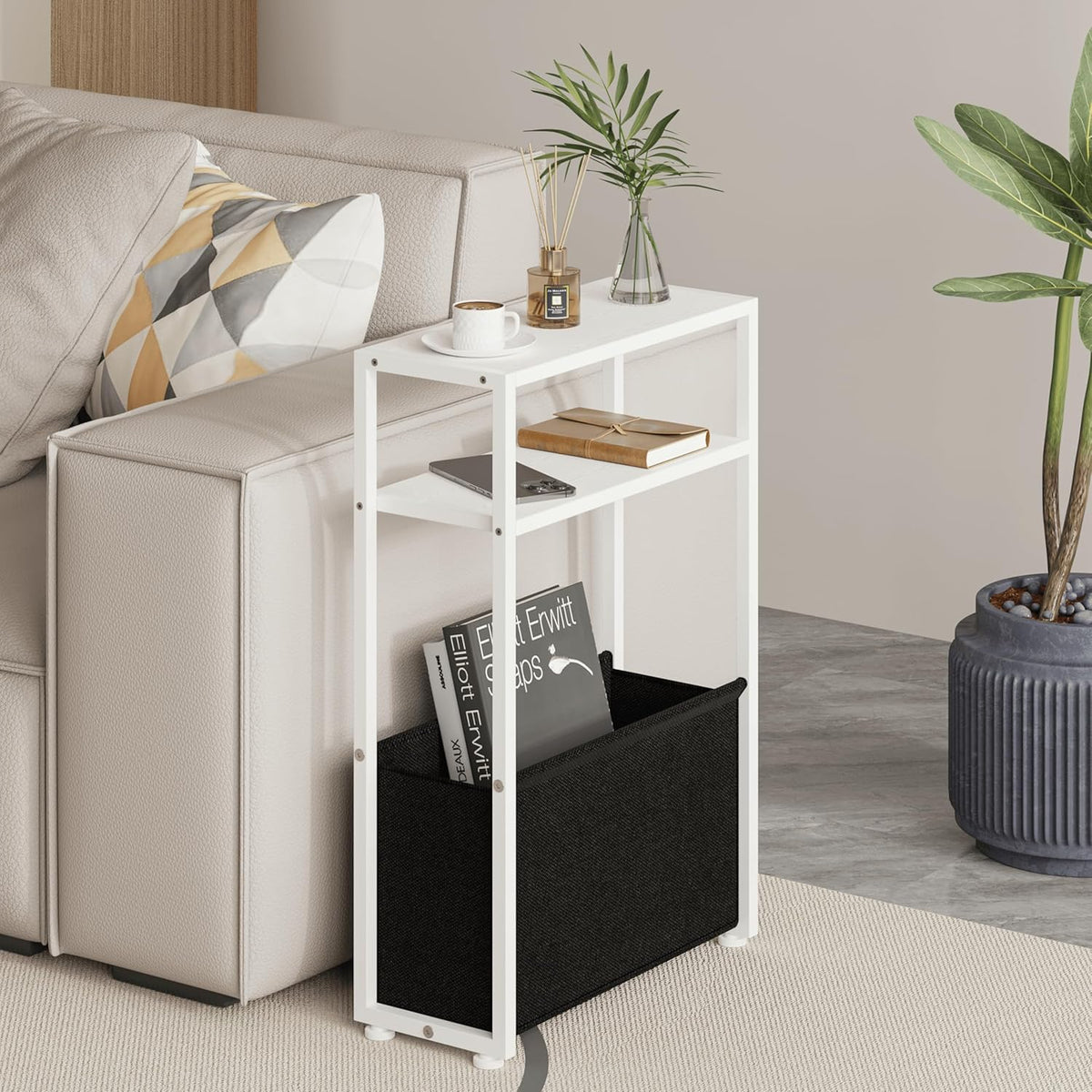 Narrow Side Table, Slim End Tables with Fabric Basket, Skinny Table for Small Spaces, Thin Bedside