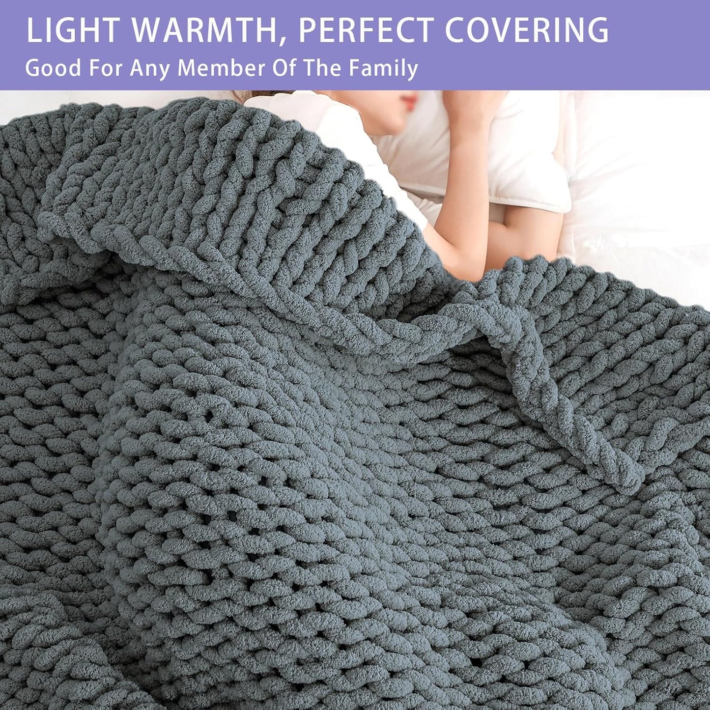 Bigacogo Chunky Knit Throw Blanket for Couch, 51x63 inches, 100% Hand Knitted with Thick Jumbo