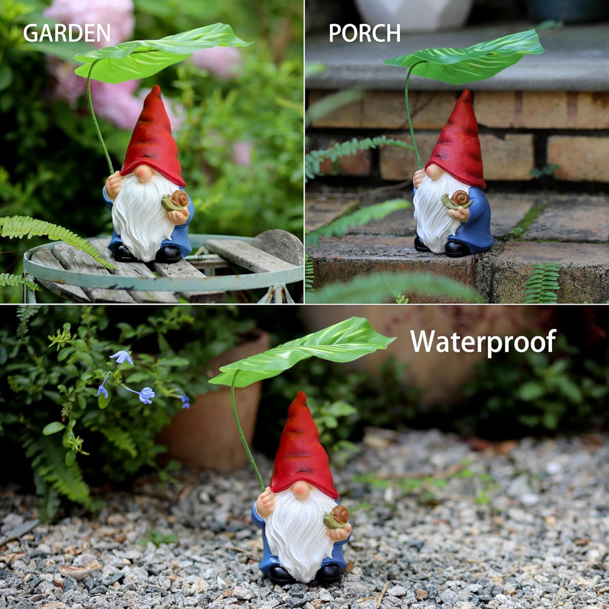 Garden Gnome Statue Decoration with Leaf Umbrella, 7.5” Figurine Ornament for Indoor Outdoor Home