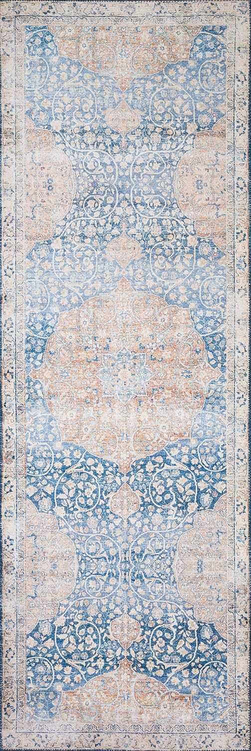 Loloi Layla Collection LAY-07 Blue/Tangerine 2'-6" x 7'-6" .13" Thick Runner Rug, Soft, Durable