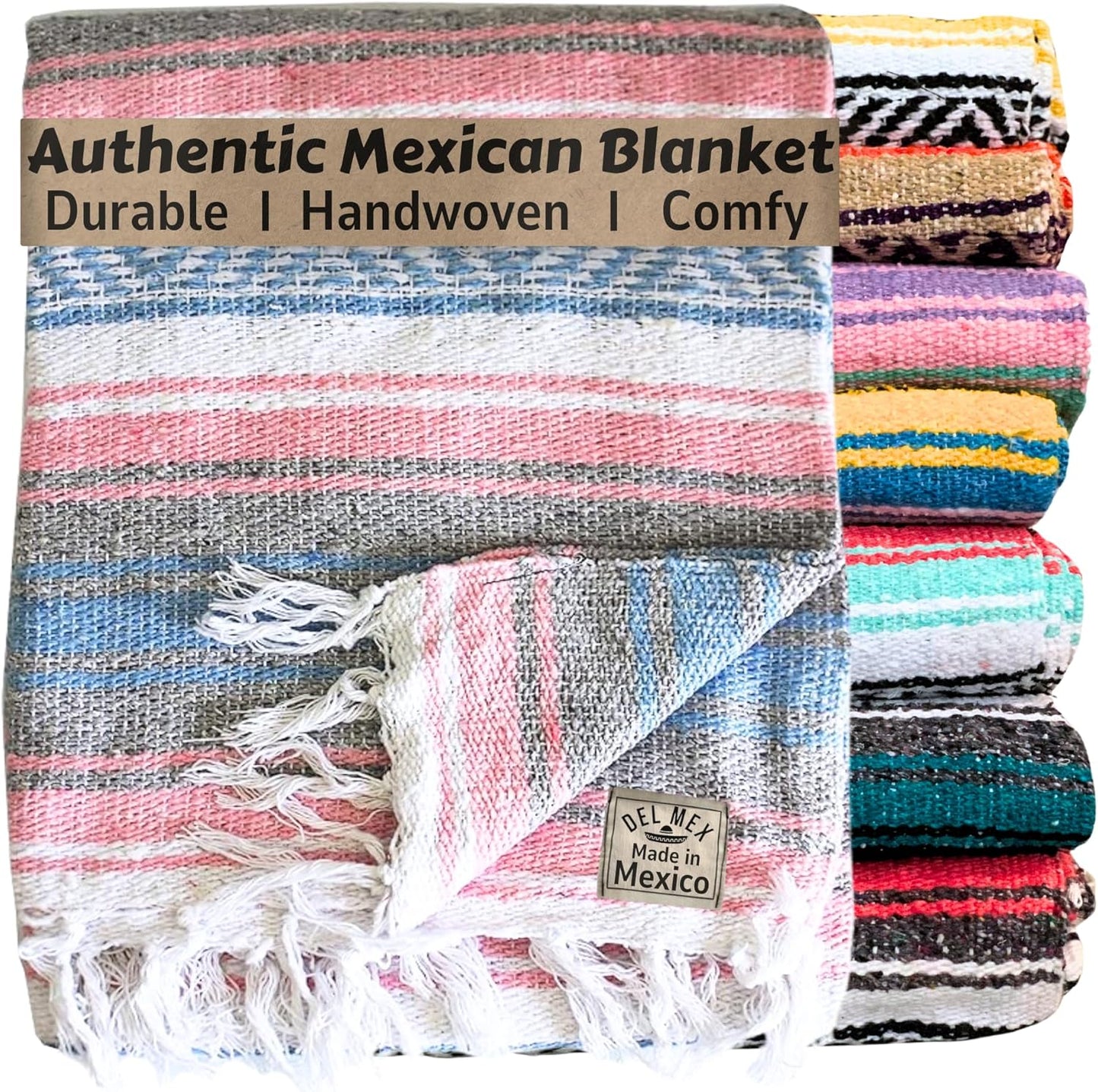 Del Mex Classic Mexican Blanket, Large Authentic Woven Falsa Throw (70"x50"), Artisan Southwest