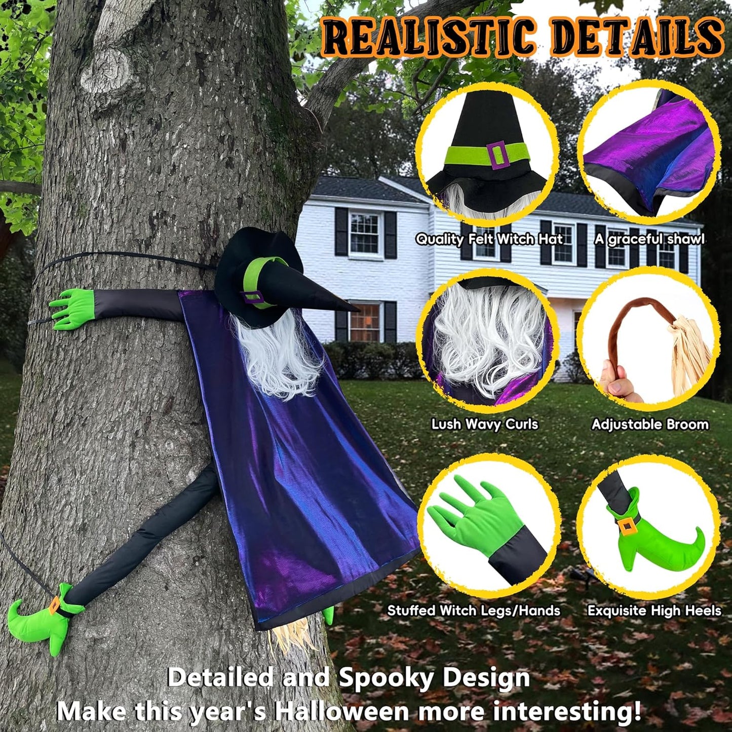 POPGIFTU 64" Large Crashing Witch into Tree Halloween Outdoor Decoration – Funny Flying Witch Yard
