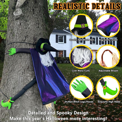 POPGIFTU 64" Large Crashing Witch into Tree Halloween Outdoor Decoration – Funny Flying Witch Yard