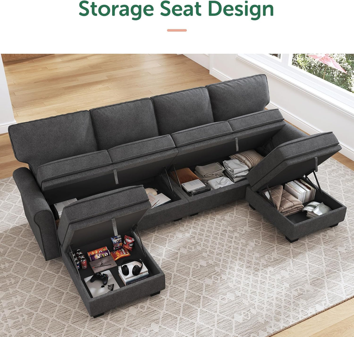 HONBAY Sectional Sofa with Storage Seat U Shaped Couch with Reversible Chaise Convertible Sectional