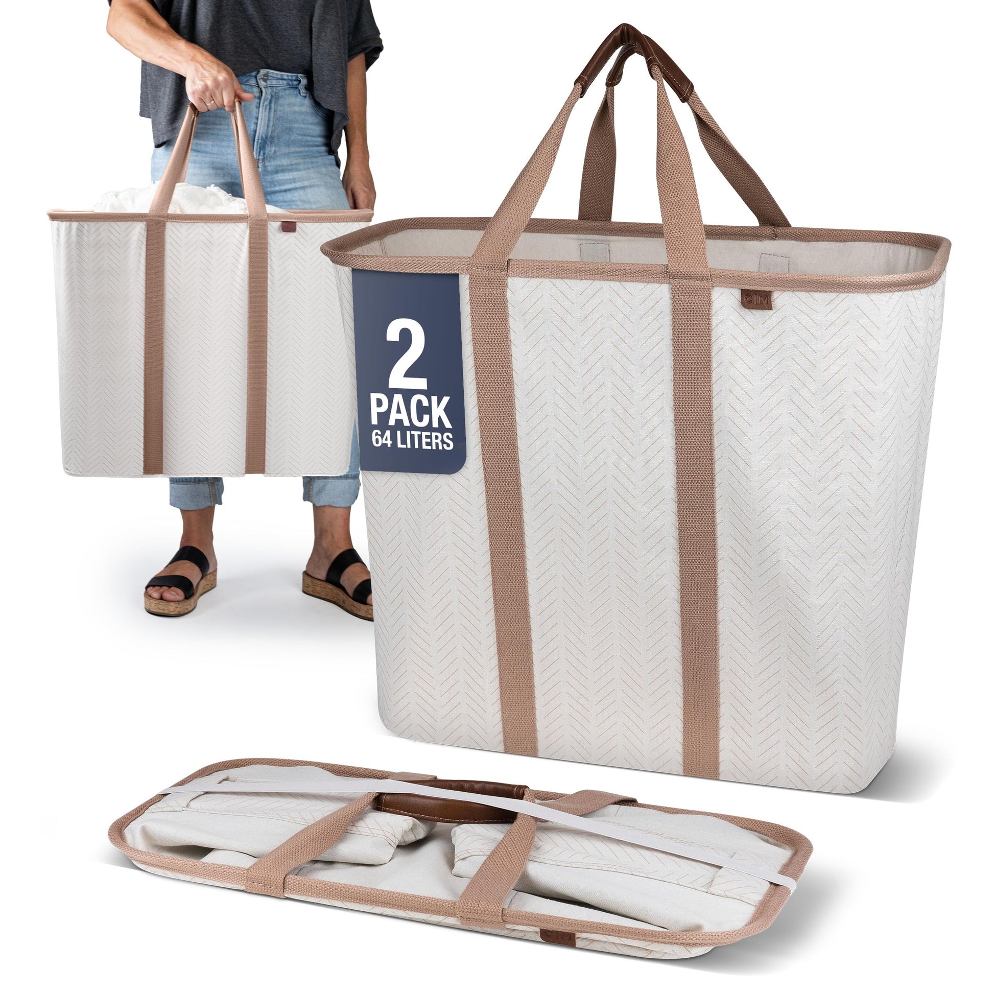 CleverMade Collapsible Laundry Caddy LUXE, 64L Pop-Up Hamper, 2 Pack, Cream