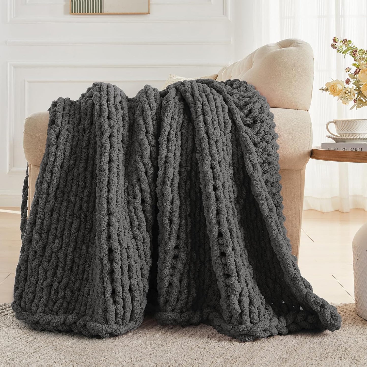 Carriediosa Chunky Knit Throw Blanket 50" X 60", 100% Hand Made Large Chenille Loop Yarn Soft