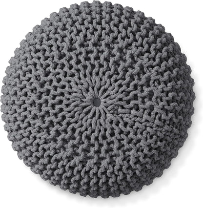 Casafield Round Pouf Ottoman, Dark Gray - 20" Diameter x 14.5" High Cotton Knit Foot Stool - Boho